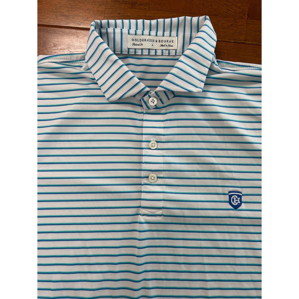 Holderness & Bourne Polo Shirt Mens L White Striped Tailored Fit Short Sleeve